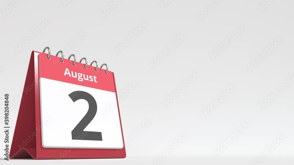 August 2 date on the flip desk calendar page, blank space for user text, 3d animation August 2 date on the flip desk calendar page, blank space for user text, 3d animation