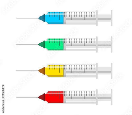A set of syringes with different fluids and medications. Syringe icons in flat style with blue, red and green medicine.