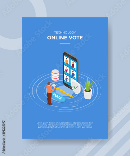 technology online vote men standing use tablet front big smartphone people rate star for template flyer and print banner cover isometric 3d flat style