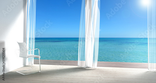 Urlaub am Meer - Interior Wohnzimmer mit Stuhl und Blick durch die weißen Vorhänge auf das klare Meer © Wilm Ihlenfeld