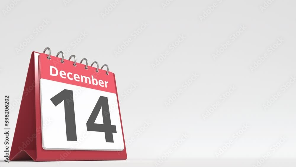 December 14 date on the flip desk calendar page, blank space for user text, 3d animation December 14 date on the flip desk calendar page, blank space for user text, 3d animation