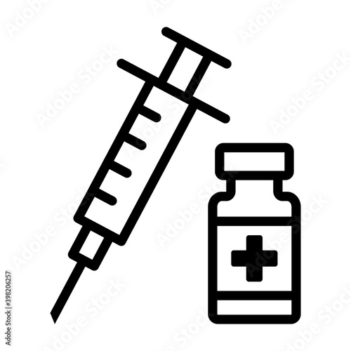 Vaccine bottle with needle or syringe line art icon for vaccination apps and websites
