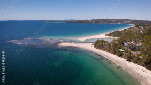 Jervis Bay in Australia. Resort in the bay, Pure Blue Lagoon camping and small cabins.