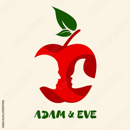 Apple symbol with Adam & Eve's portraits in negative space. Female and male faces in a symbolic biblical story.Vector icon isolated on light background.