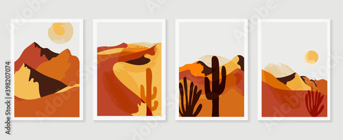Mountain and landscape wall arts collection. Abstract art with land, desert, home, way, sun, sky. Design for wall art home decoration, prints, digital and smart phone wallpaper, fabric and background