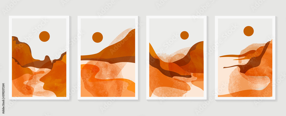 Fototapeta premium Mountain and landscape wall arts collection. Abstract art with land, desert, home, way, sun, sky. Design for wall art home decoration, prints, digital and smart phone wallpaper, fabric and background