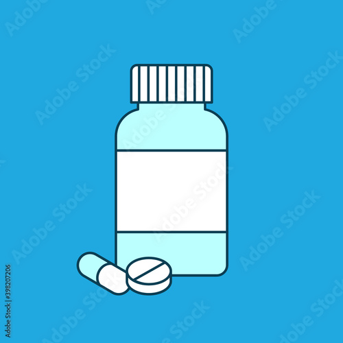 Pill bottle with pill and tablet. Food supplements, vitamins. Medications, treatment, drugs, painkiller concept. Color icon on blue background. New drug findings. Vector illustration, flat, clip art