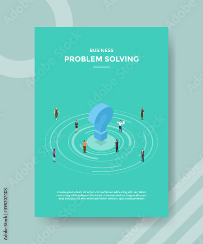 business problem solving people around question mark for template flyer and print banner cover isometric 3d flat style