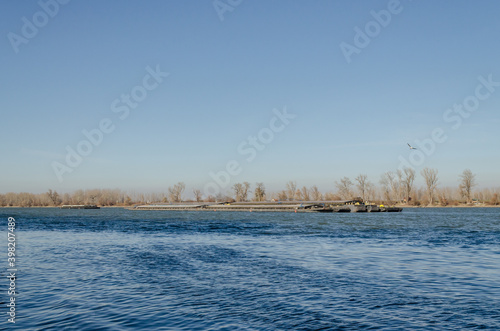 Anchored tankers on the Danube River in Petrovaradin  Novi Sad  Serbia 