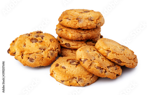 Stacked chocolate chip cookies isolated on white background
