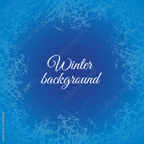 Ice crystals design texture on freeze window. Vector frame with frosted patterns. Blue winter holiday background