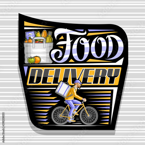 Vector logo for Food Delivery, black decorative label with illustration of riding men on bicycle with delivery box, paper bag with groceries, apple and orange, unique lettering for words food delivery