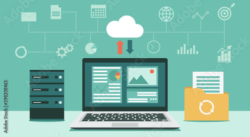 Cloud computing technology network with computer and storage room, Online devices upload, download information and data in database with business icon, vector flat illustration