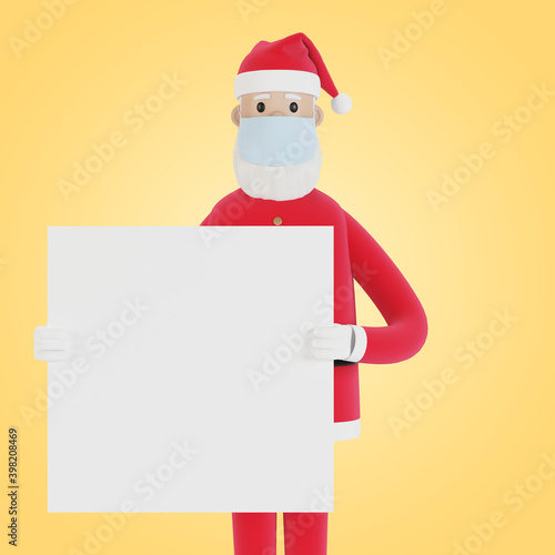 Santa Claus in a mask with a banner. For Christmas cards, banners and labels. 3D illustration in cartoon style.