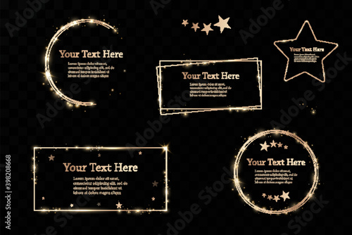 Gold frames for text. Blank abstract banner layout.Background with gold sparkles and glitter effect.
