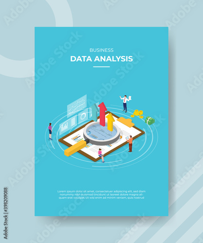 business data analysis people standing around lupe chart clipboard up arrow money ifor template flyer and print banner cover isometric 3d flat style photo