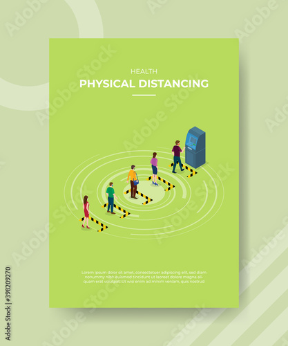 health physical distancing people waiting line warning line front atm machine for template flyer and print banner cover isometric 3d flat style