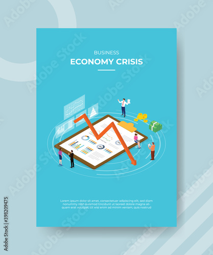 business economy crisis people standing around chart clipboard down arrow money for template flyer and print banner cover isometric 3d flat style
