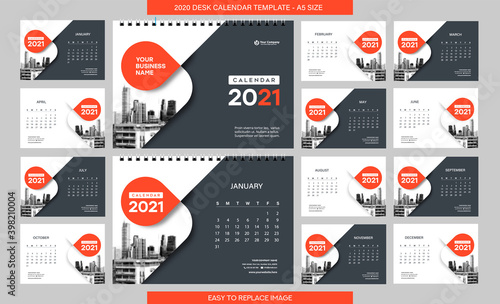 Desk Calendar 2021 template - 12 months included - A5 Size