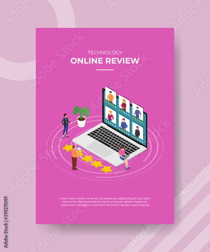 technology online review people standing front laptop people rate star on display screen for template flyer and print banner cover isometric 3d flat style