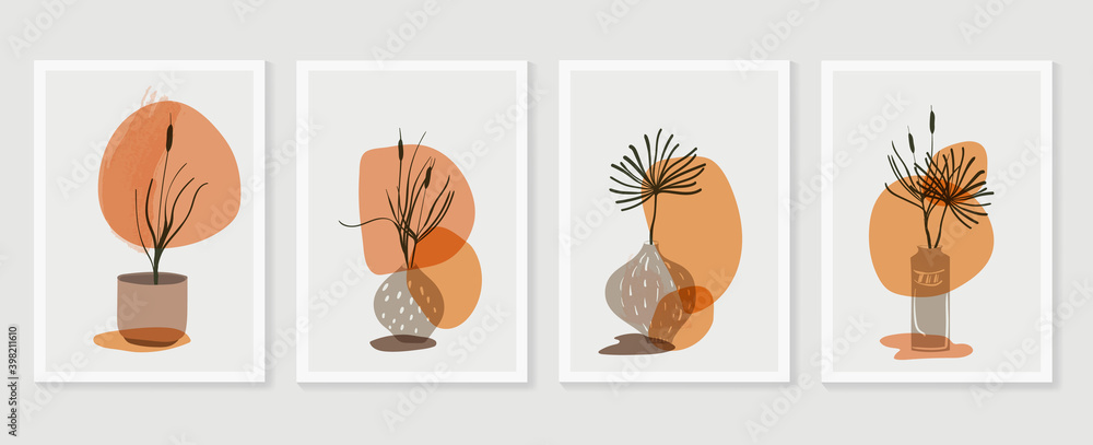 Botanical wall art vector set. Earth tone boho foliage line art drawing with  abstract shape.  Monstera Plant Art design for print, cover, wallpaper, Minimal and  natural wall art.