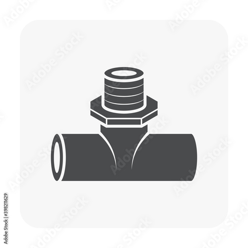 PVC plastic pipe fitting vector icon. 3 way (tee) male. Slip socket opening 2 end (solvent weld) and 1 male thread. Part for pipeline system, plumbing, drainage, vent, waste, sewage and water supply.