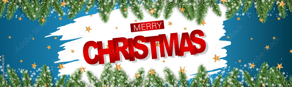 Christmas banner or website header. Merry Xmas and Happy New Year design for invitation or sale advertisement with fir tree branches, golden stars, blue background. Vector illustration. Christmas banner or website header. Merry Xmas and Happy New Year design for invitation or sale advertisement with fir tree branches, golden stars, blue background. Vector illustration.