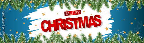 Christmas banner or website header. Merry Xmas and Happy New Year design for invitation or sale advertisement with fir tree branches, golden stars, blue background. Vector illustration.