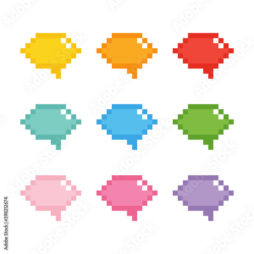 Set, collection of colorful pixel speech bubble icons.