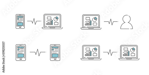 スマホとPCの共有のイラストセット／通信／スマートフォン／パソコン／データ／ワイヤレス／無線