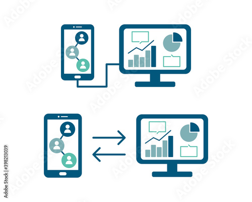 スマホとPCの共有のイラストセット／接続／通信／スマートフォン／パソコン／データ／バックアップ