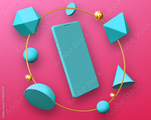 Abstract design with smartphone mockup in round frame of geometric 3d shapes hemisphere, octahedron, sphere, cone, cylinder and icosahedron on pink background with gold pearls, vector mobile rendering