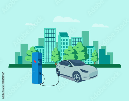 Electric car charging its battery with natural landscape