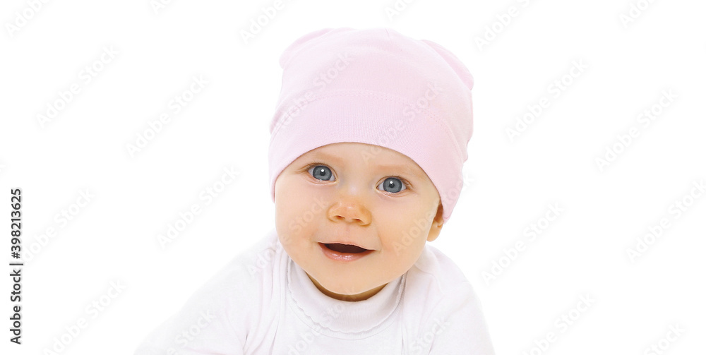 Portrait of cute little baby in pink hat over a white background Portrait of cute little baby in pink hat over a white background