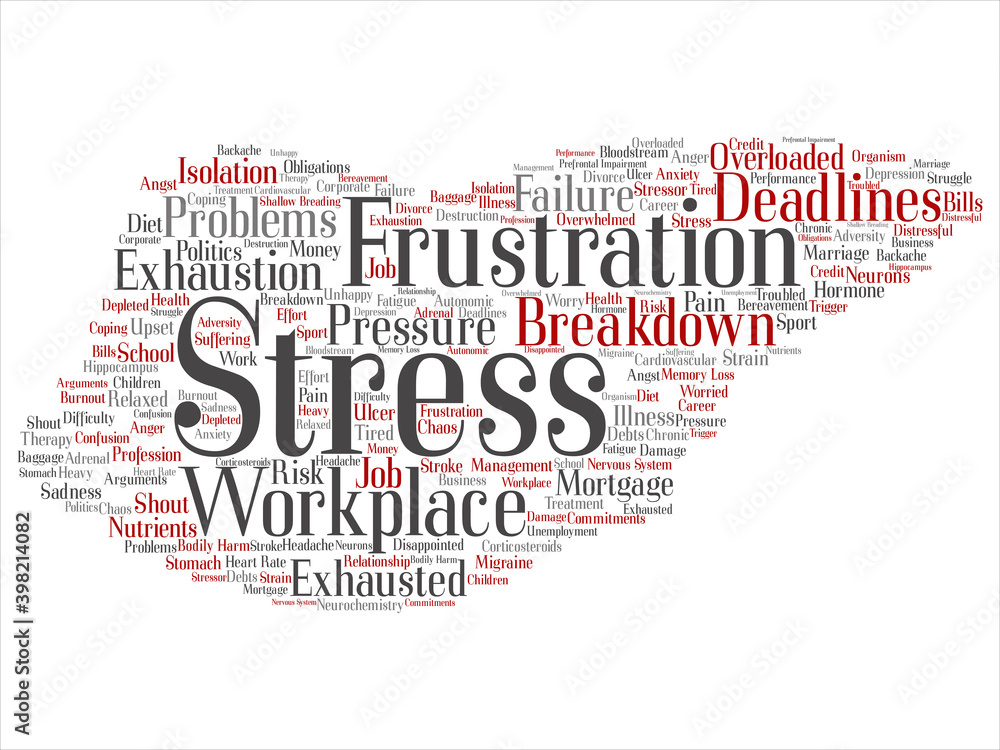 Vector concept conceptual mental stress at workplace or job pressure abstract word cloud isolated background. Collage of health, work, depression problem, exhaustion, breakdown, deadlines risk text