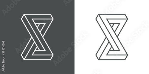 Logotipo símbolo infinito 3d triangular en perspectiva imposible con lineas en fondo gris y fondo blanco