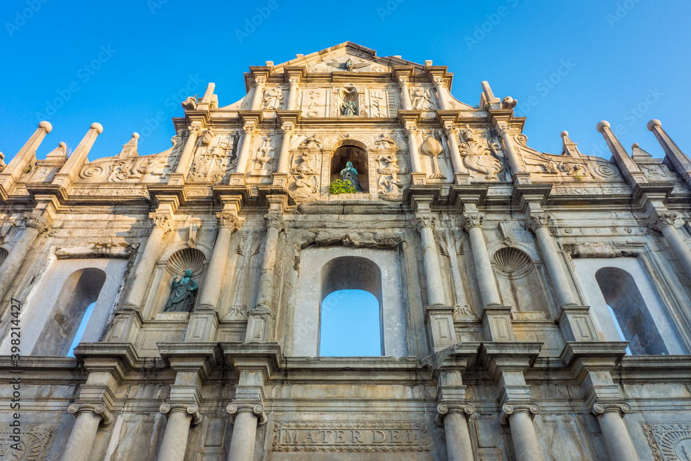 Bottom up view of the St. Paul's Ruins. It is the southern stone facade of Roman Catholic Church in Macau, China, Asia.