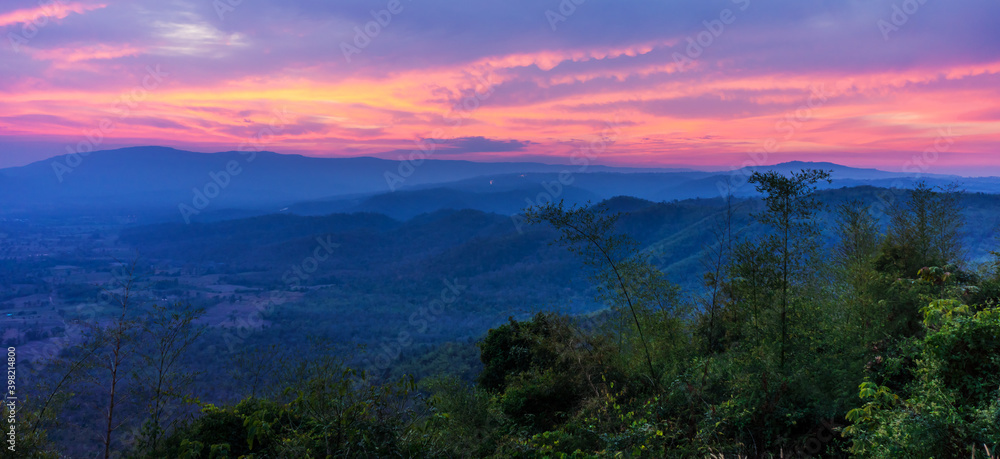 Panorama of Wang Nam Khiao District view from Pha Kep Tawan Viewpoint. Scenery in Nakhon Ratchasima, Thailand, Southeast Asia.