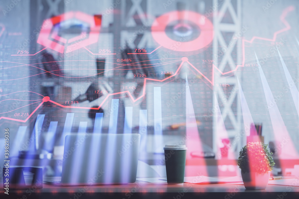 Double exposure of stock market graph drawing and office interior background. Concept of financial analysis. Double exposure of stock market graph drawing and office interior background. Concept of financial analysis.