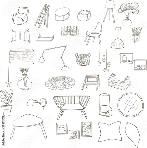 Vector set of furniture and accessories in the Scandinavian interior. Doodle hand-drawn style.