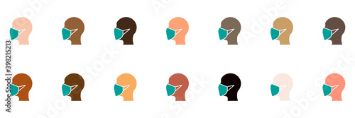 Männer mit Maske, verschiedene Nationalitäten/Hautfarben, Icon, Schutz, Maßname, Virus. Diversität