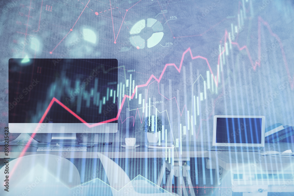 Multi exposure of financial graph drawing and office interior background. Concept of market analysis. Multi exposure of financial graph drawing and office interior background. Concept of market analysis.