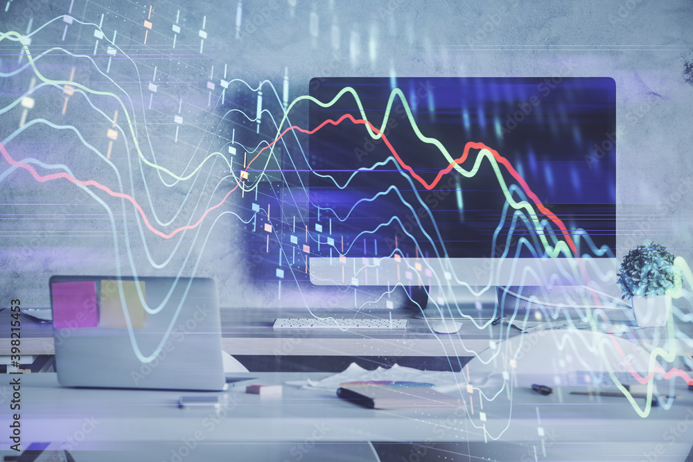 Multi exposure of financial graph drawing and office interior background. Concept of market analysis. Multi exposure of financial graph drawing and office interior background. Concept of market analysis.