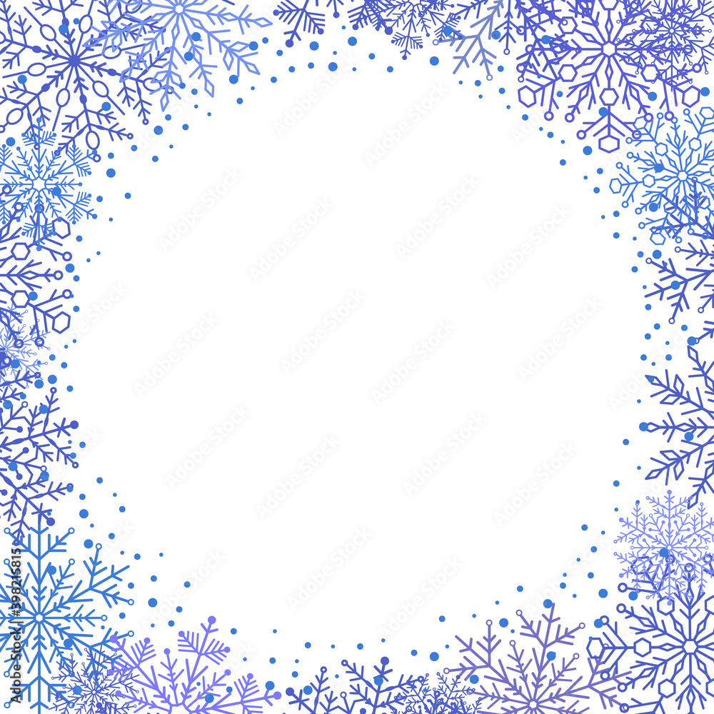 Fototapeta premium Blue and white vector card for holiday with arabesques and snowflakes. Blue greeting card. Pattern with snowflakes