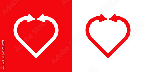 Logotipo contorno de corazón con dos flechas en fondo rojo y fondo blanco