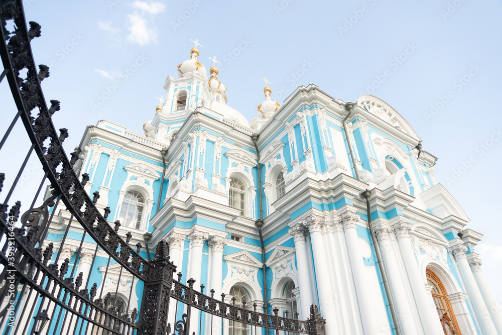 Saint-Petersburg, Russia, 21 August 2020: Exterior facade of Resurrection of the Christ the Savior or Smolny Cathedral.