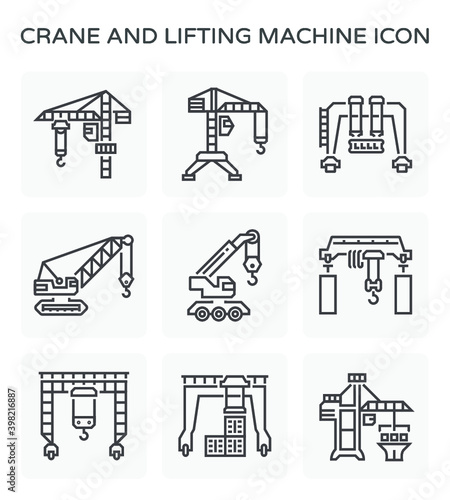 Crane vector icon and lifting equipment i.e. tower, gantry, crawler, mobile, overhead, container. For import export business and industry i.e. construction, shipping transportation and production.