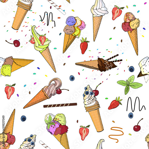 Seamless pattern with icecreams, buns and donuts.