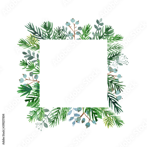 Christmas square frame for congratulations. Winter twig decoration