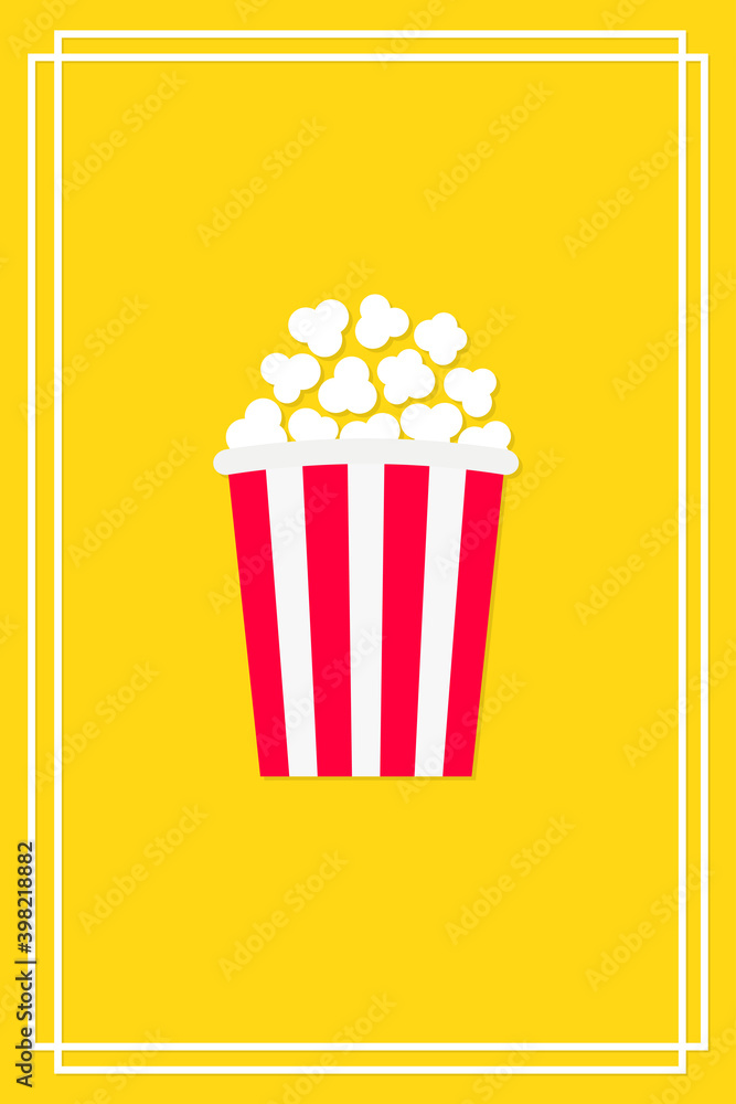 Popcorn. Movie night cinema icon. Pop corn food. White red strip box, drinking glass. Cute frame banner decoration template. Flat design style. Yellow background. Isolated.
